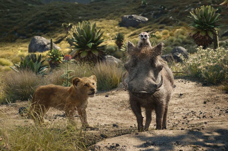 Pictured here, Simba, voiced by JD McCrary, Timon, a meerkat, voiced by Billy Eichner, and Pumbaa, a warthog, voiced by Seth Rogen, in a scene from ‘The Lion King.’ (Disney via AP, File)