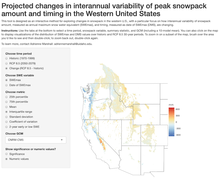 Screenshot of interactive data visualization tool developed for the snow drought study. Source: Adrienne Marshall, CC BY-ND             