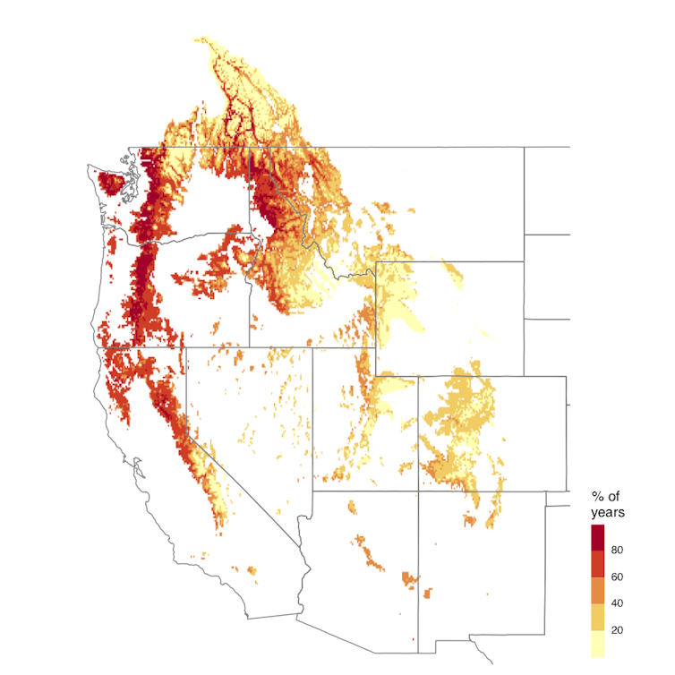 Under a high-emission scenario, the West could experience multiyear snow drought 42% of the time on average. Source: Marshall et al., 2019., CC BY-ND             