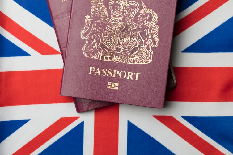 A British passport on a British flag