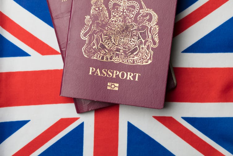 A British passport on a British flag