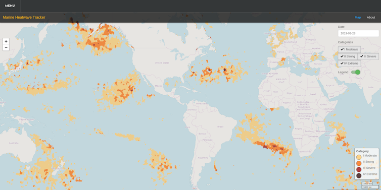 Screenshot from live marine heatwave tracker (marineheatwaves.org/tracker) showing the global distribution of marine heatwaves on Mar. 28, 2019. - Eric Oliver