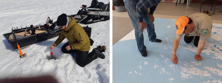 Community member from Nain, Nunatsiavut deploying a conductivity-temperature-depth instrument through the coastal sea ice (left). Documenting community knowledge of ocean currents and sea ice in Hopedale, Nunatsiavut (right). - Eric Oliver, Author provided