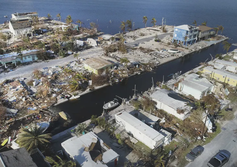 an aerial view shows a patch of houses and busineses destroyed next to others that weren't damaged near the water