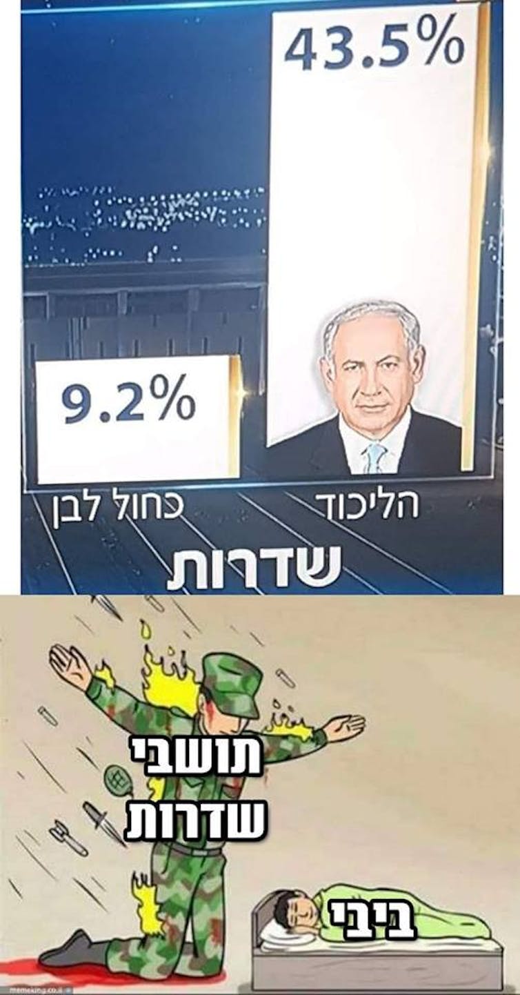 Montage photo ayant circulé sur les réseaux sociaux en avril 2019. En haut, les résultats pour le Likoud (43,5 %) et le parti Bleu Blanc (9,2 %) dans la ville de Sderot. En bas, les résidents de Sderot en proie aux tirs venant de la bande de Gaza, alors que M. Nétanyahou (Bibi) dort.