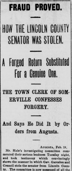 The Portland Daily Press of Dec. 24, 1879, covered a story about the charges that the legislative election was stolen by Garcelon and his allies. Library of Congress