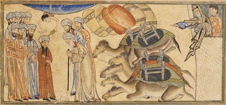 Rencontre de Mahomet avec le moine Bahira (illustration du Jami al-tawarikh, vers 1315).