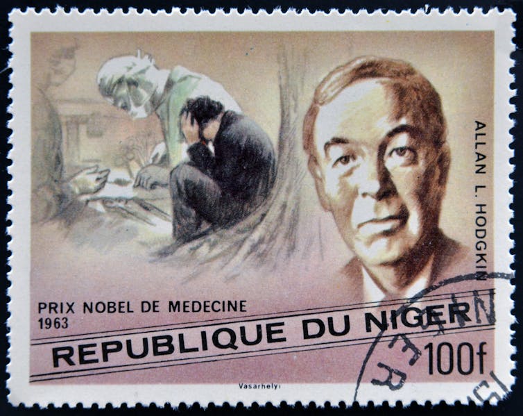 Stamp printed in Niger showing four illustrations of men