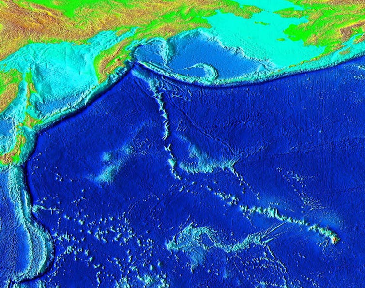 The Emperor Seamounts are a trail of underwater mountains in the Pacific, created when a tectonic plate moved across the Hawaii hotspot over millions of years. NOAA