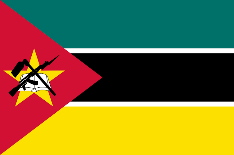The flag of Mozambique features an AK-47 with an attached bayonet, meant to symbolize defense and vigilance | Wikimedia