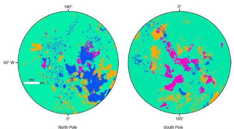 Area within 35 degrees of each of Titan’s poles. There are many more lakes in the north than in the south. Lopes et al. (2019), nature