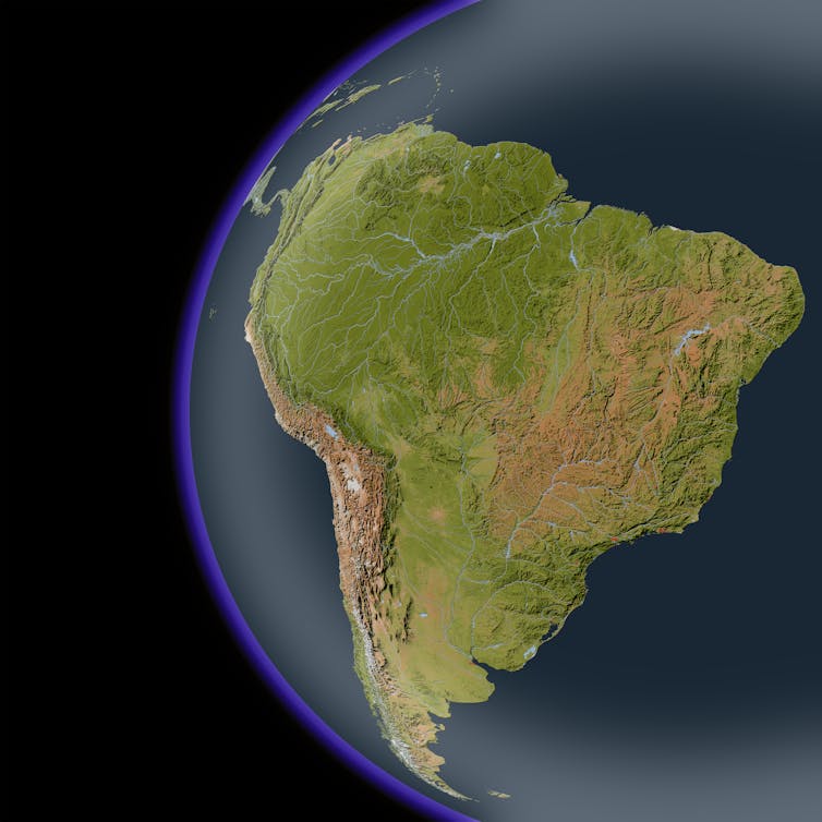 South America: the Andes mountains run along the western edge of the Amazon basin (centre)