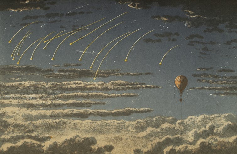 A lithograph from Gaston Tissandier’s balloon travels depicts falling stars. Archive.org