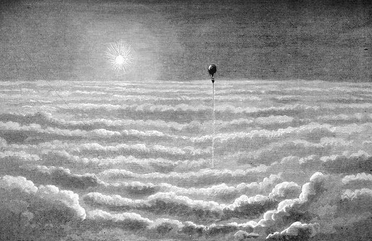 A drawing of dreamlike clouds from the travels of Wilfrid de Fonvielle and Gaston Tissandier. 'Travels in the Air'