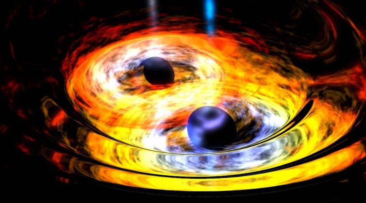 An artist’s conception of two black holes entwined in a gravitational tango. NASA/JPL-Caltech/SwRI/MSSS/Christopher Go