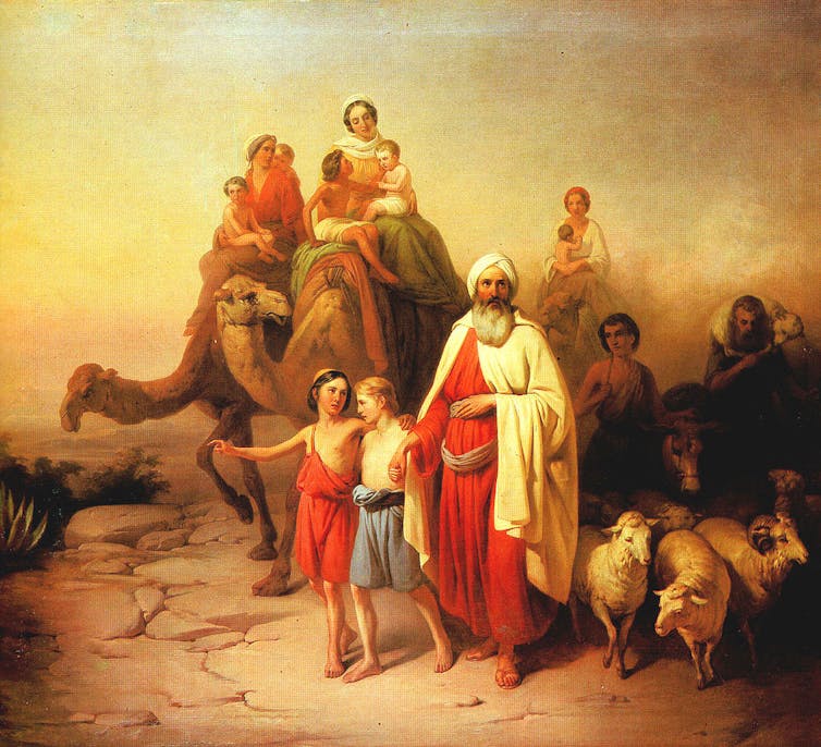 Painting of large family of ancient Middle Eastern travellers.