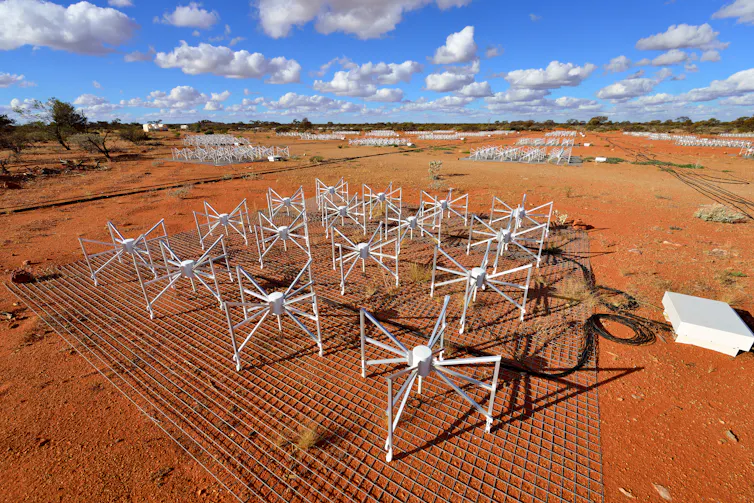 A series of antennas in the desert.