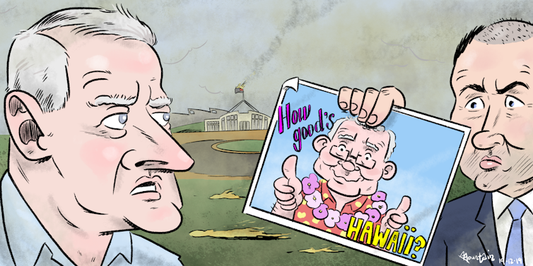 A cartoon by The Conversation’s Wes Mountain depicting the reaction of Nationals leader Michael McCormack (left) and Treasurer Josh Frydenberg (right) to Scott Morrison’s Hawaii trip.