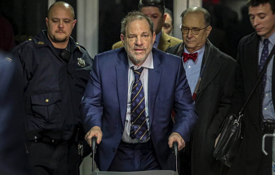 Harvey Weinstein leaves the court after prosecutors completed their closing argument in his rape trial on Feb. 14, 2020