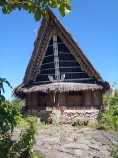 A hut with a large pointed roof, built with local materials.