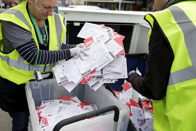 Workers sorting ballots, photo