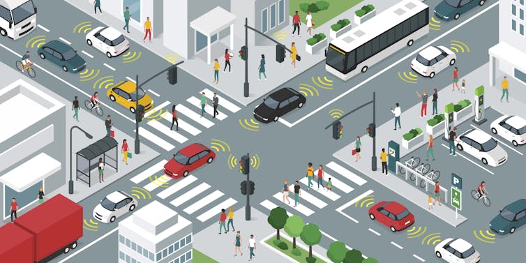 Linking self-driving cars to traffic signals might help pedestrians give them the green light