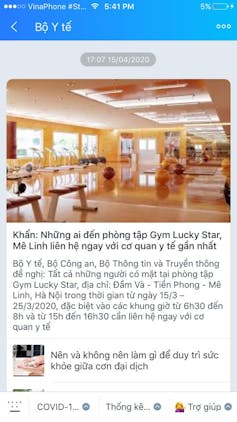 A text sent via Zalo from the Ministry of Health looking for people who had visited Lucky Star Gym as one confirmed COVID-19 case went there. Below are some tips for staying well. Author provided