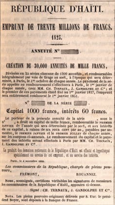 A facsimile of the bank note for the 30 million francs that Haiti borrowed from a French bank.