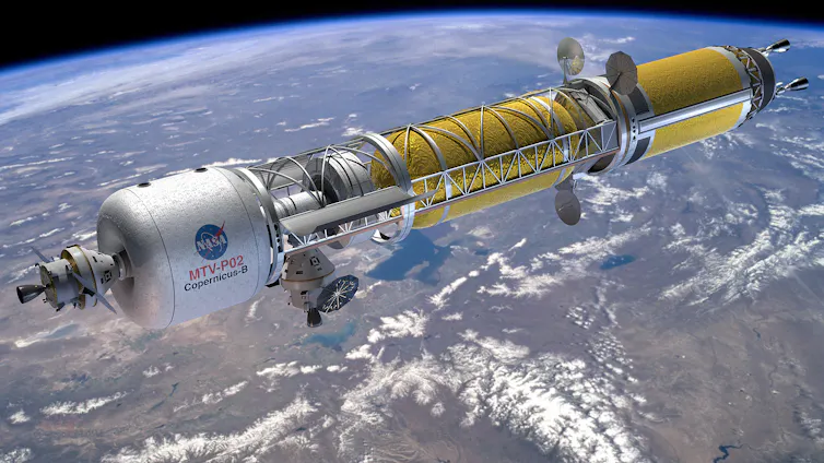 An illustration of a cylindrical spacecraft orbiting Earth