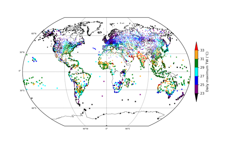 Records absolus de chaleur humide enregistrés dans les stations météorologiques du monde entier entre 1979 et 2017. Colin Raymond, Author provided