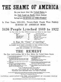 Under a large headline that reads The Shame of America, a newspaper advertisement lists a number of lynchings.
