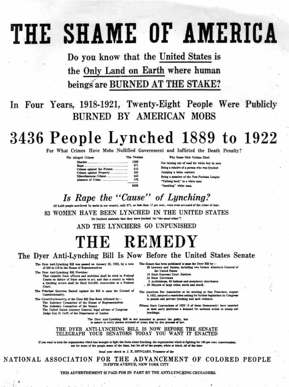 Under a large headline that reads The Shame of America, a newspaper advertisement lists a number of lynchings.