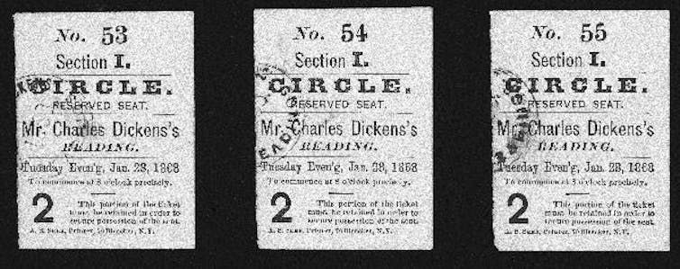 Entradas para lecturas públicas de Dickens en Nueva York, 1868. Charles Dickens Museum Le salió bien, pues se estima que ganó casi 20.000 libras.
