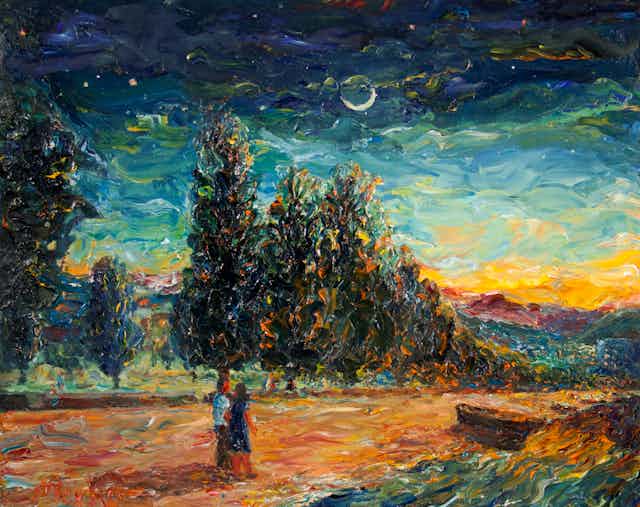 Oil painting of a couple standing on a road, in front of trees, with a cloudy night sky with crescent moon