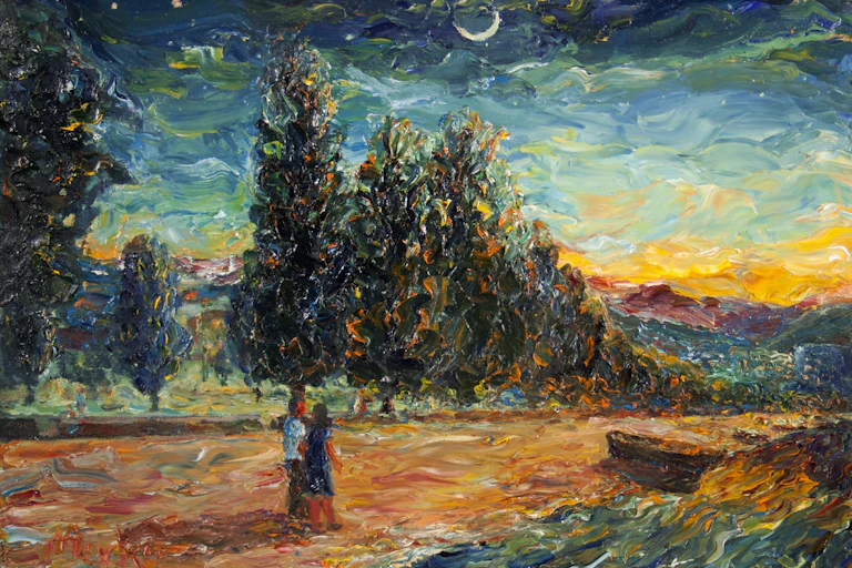 Oil painting of a couple standing on a road, in front of trees, with a cloudy night sky with crescent moon