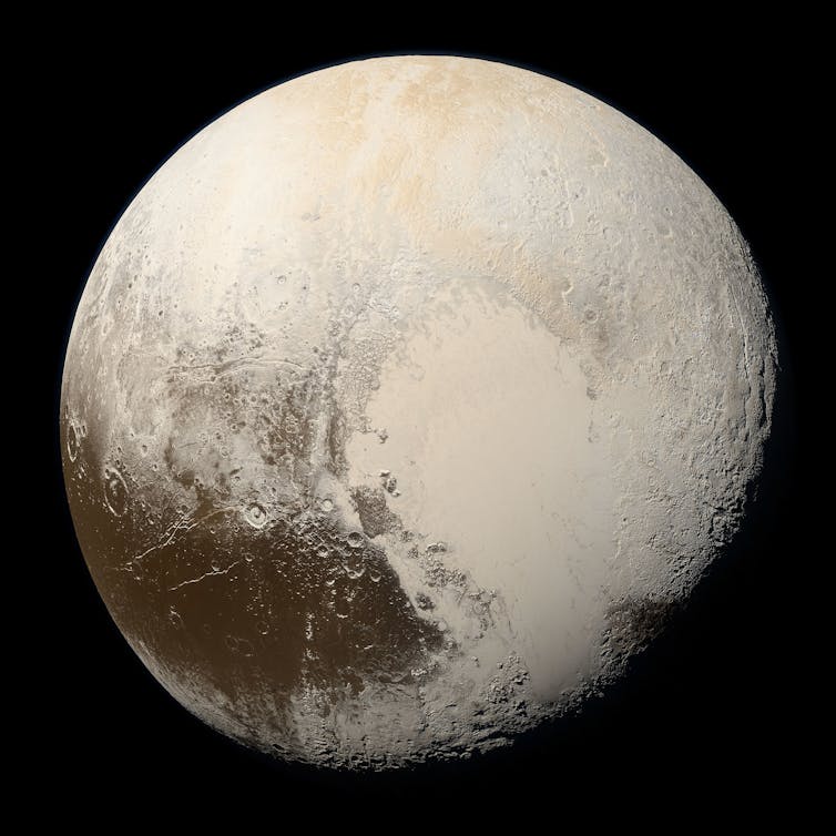 DWARF PLANET. Pluto, with its basin Sputnik Planitia on the right. Photo from NASA/Johns Hopkins University Applied Physics Laboratory/Southwest Research Institute/Alex Parker 