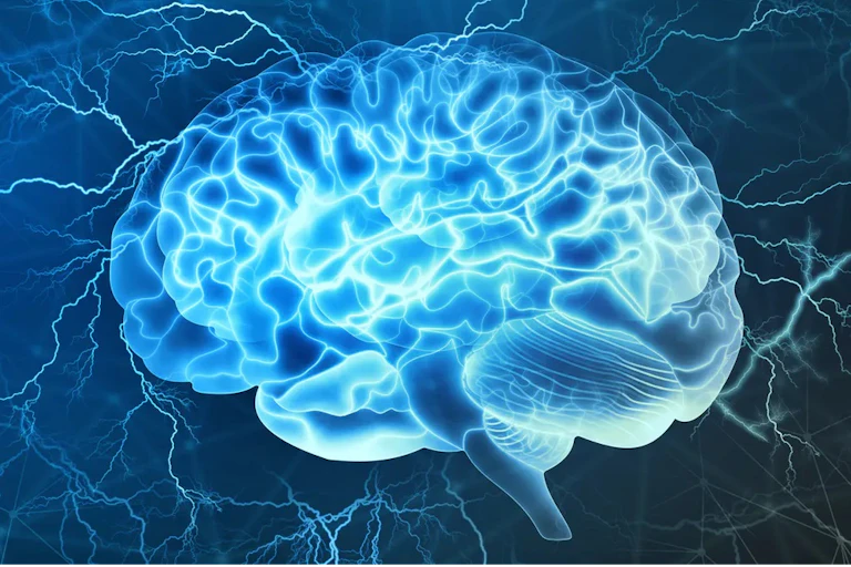 Brain surrounded by blue lightning