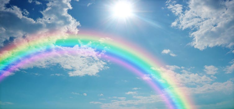 A rainbow in a blue sky.