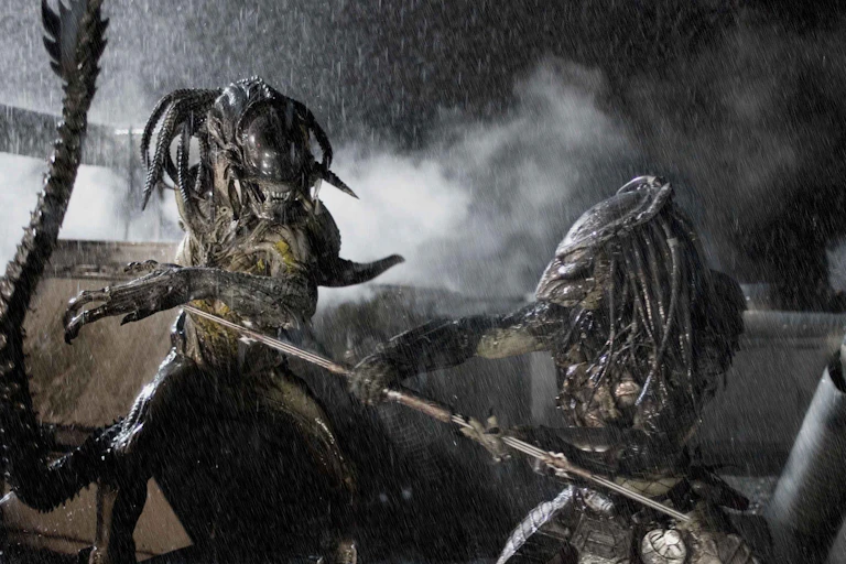 A scene from the move Alien vs. Predator shows two dreadlocked aliens fighting with spears in a rainstorm.