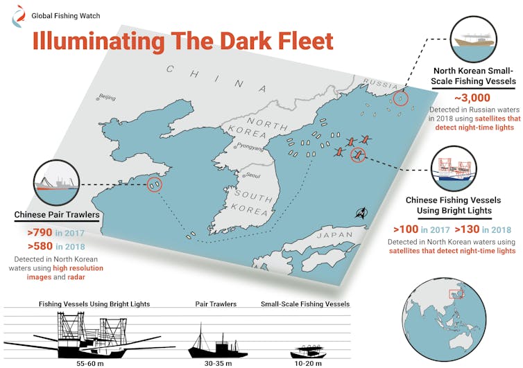 Chinese fishing boats took half a billion dollars of illegal squid from North Korea. Scientists used satellites to catch them out