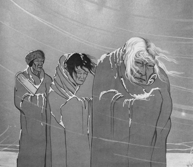A 1951 painting by artist Blackbear Bosin of people on the Trail of Tears.