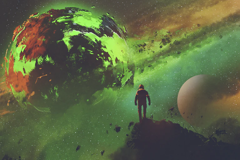 A man gazes at a distant fictional green planet.