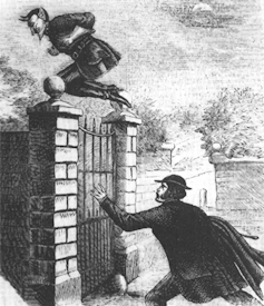 Spring-heeled Jack jumping over a gate.