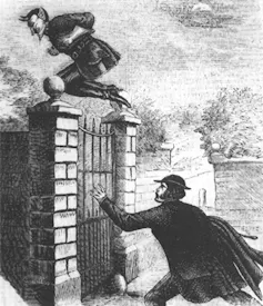 Spring-heeled Jack jumping over a gate.