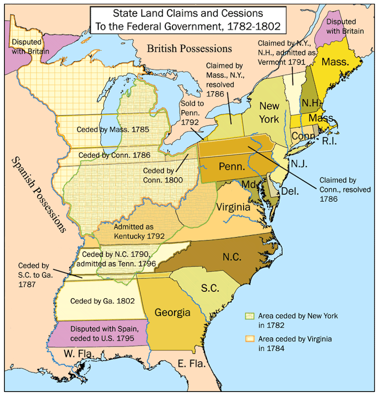 The original 13 U.S. colonies and their territorial changes from 1782 to 1802.