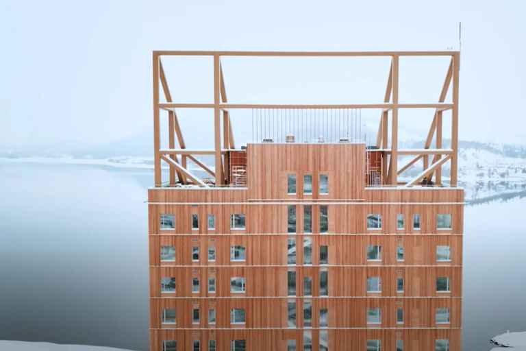 Tall wooden building Mjøstårnet in Norway.