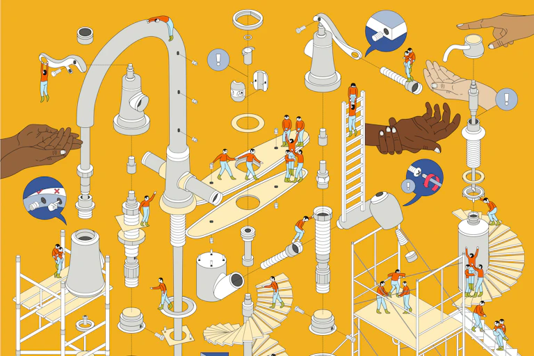 A stylised cartoon of the manufacture of a tap and soap pump.