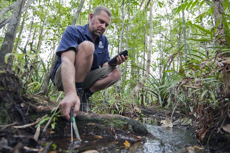 A scientist kneels by a stream