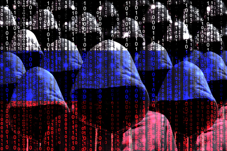 Figures wearing hoodies with a Russian flag overlaid.
