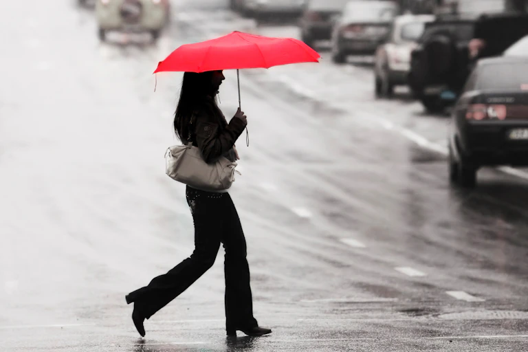 A woman walks across a busy road holding a red umbrella.
